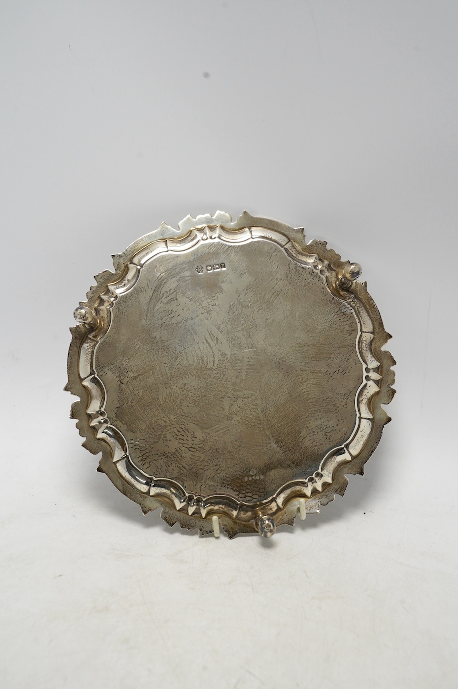 A George V silver waiter, William Hutton & Sons Ltd, Sheffield, 1915, 21cm, 10.7oz. Condition - fair to good